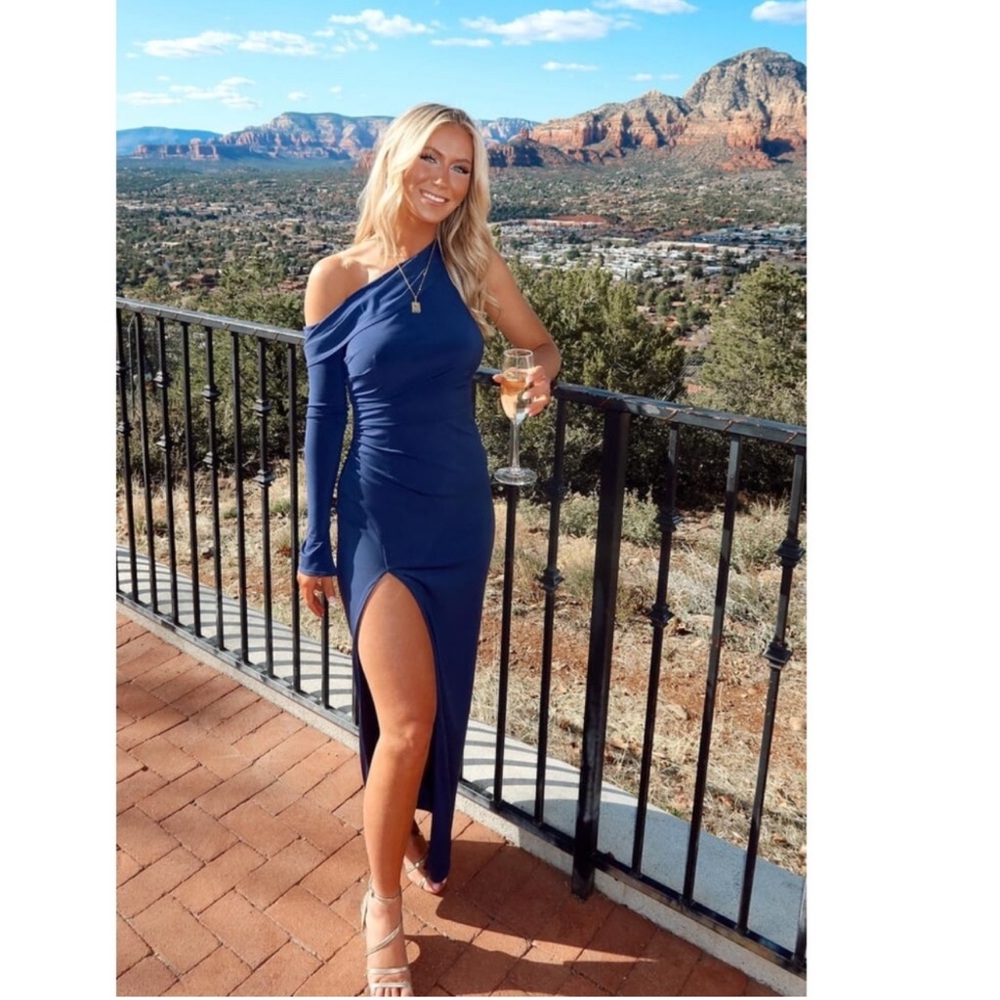 KATIE MAY Deep Sea Blue MOJAVE Single Long Sleeve HIGH SLIT Ruched GOWN S